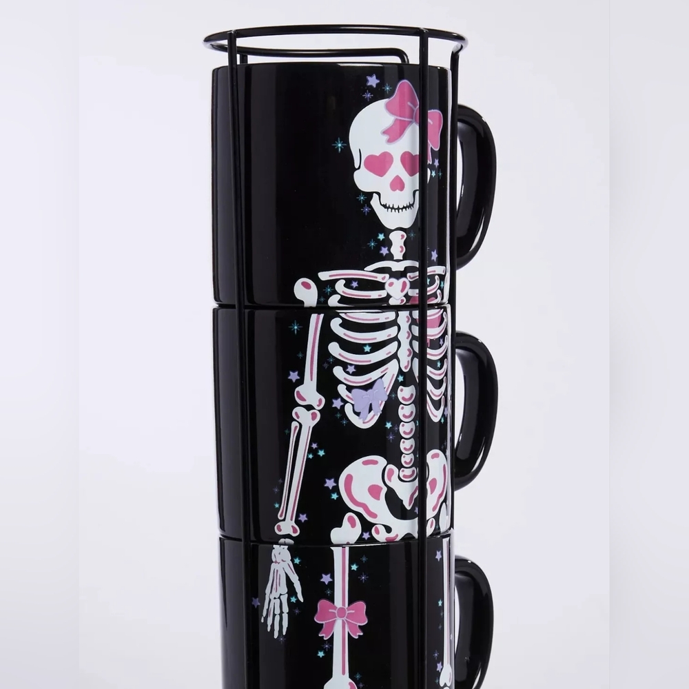 ~SOLD~ Dolls Kill Home Halloween Skull Skeleton Heartless Charm Stackable Mugs - Picture 5 of 5